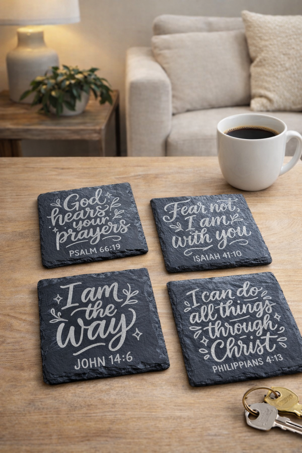 Engraved Scripture Slate Coasters, Set of 4